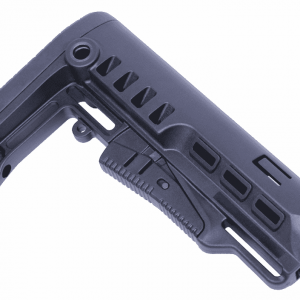 Sleek tactical AR-15 stock with ergonomic design, adjustable features, and lightweight polymer construction.