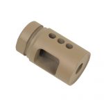 Flat Dark Earth AR-15 compensator with top ports to reduce recoil and enhance control.