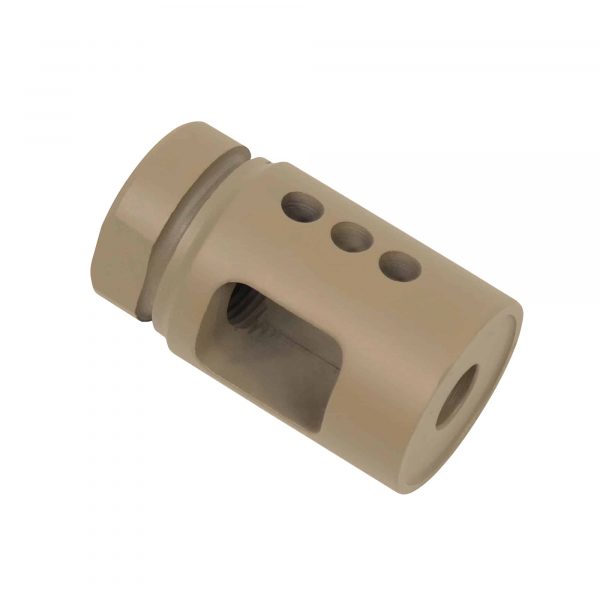 Flat Dark Earth AR-15 compensator with top ports to reduce recoil and enhance control.