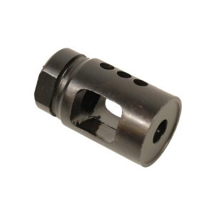 Black steel AR-15 compensator with ports, reduces recoil and muzzle rise for optimized performance.