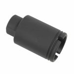 Matte black 9mm AR-15 muzzle device with slots for recoil and flash control.