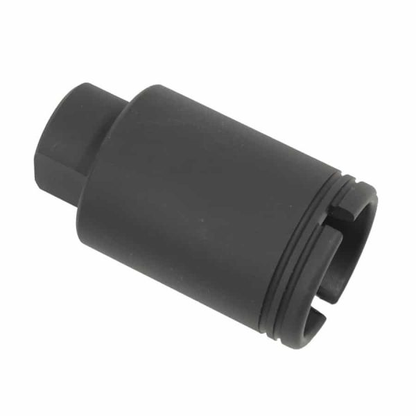 Matte black 9mm AR-15 muzzle device with slots for recoil and flash control.