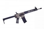 Modern tan and black AR-15 with honeycomb handguard, collapsible stock, and accessory rails.