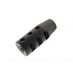 Matte black AR-15 muzzle brake with multiple ports for recoil reduction and improved shooting accuracy.