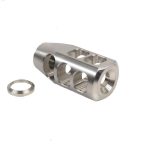 Polished stainless AR-15 Gen 2 compensator with precision-cut ports, reducing recoil and muzzle rise.
