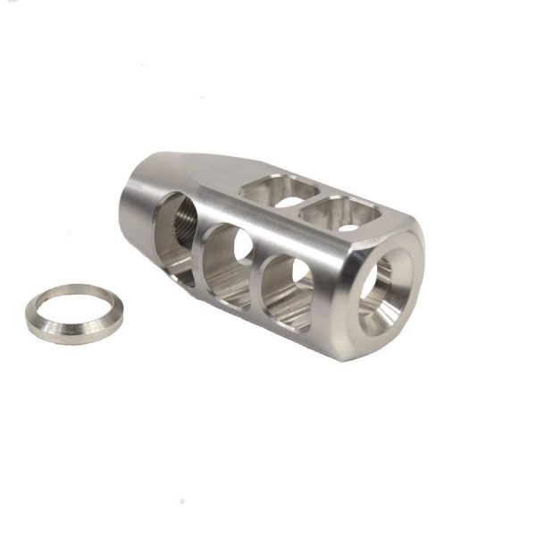 Polished stainless AR-15 Gen 2 compensator with precision-cut ports, reducing recoil and muzzle rise.