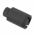 Black AR-15 muzzle device: cylindrical design, reduces flash/recoil; tactical use, matte finish.