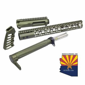 Olive green AR-15 tactical upgrades with Picatinny rails, MADE IN ARIZONA, USA.