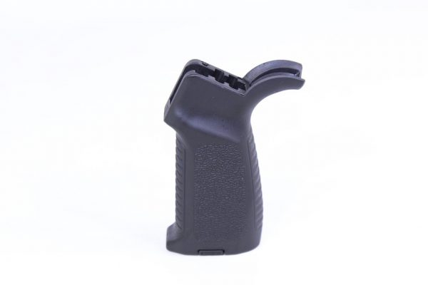 Black ergonomic AR-15 pistol grip with textured finish for improved handling and comfort.