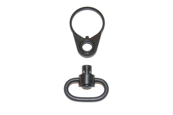 Matte black AR-15 QD sling adapter with swivel, for tactical firearm attachments.