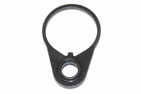 Black AR-15 QD sling adapter endplate with circular ring and mounting hole for secure firearm carry.