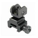 AR-15 black folding rear sight with flip-up aperture and windage knob on Picatinny rail.