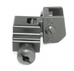 AR-15 rear folding sight, matte black, knurled knob, calibration marks, lightweight industrial design.