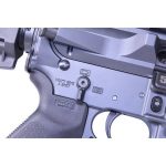 Close-up of AR-15 receiver showcasing engineering, blue-gray finish, polymer grip, and safety selector.