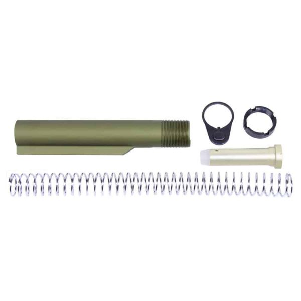 Olive drab AR-15 buffer tube kit with recoil spring, castle nut, end plate, and spacer.