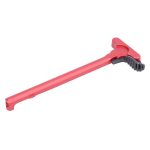 Bright red AR-15 charging handle with textured extended latch, anodized finish, ergonomic design.