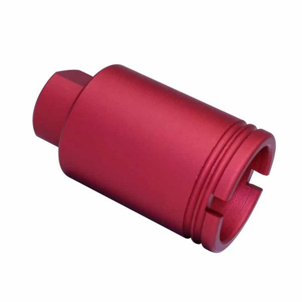 Red anodized aluminum AR-15 micro flash can, machined for precision and aesthetic appeal.