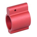 Red anodized AR-15 gas block with precision machined design and durable corrosion resistance.