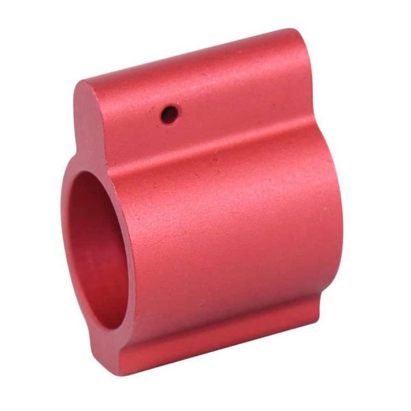 Red anodized AR-15 gas block with precision machined design and durable corrosion resistance.