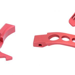 Red anodized aluminum components for precision mechanical applications, suitable for firearms or drones.