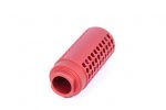 Red anodized AR-15 muzzle device; reduces flash/recoil, enhances visibility and customization.
