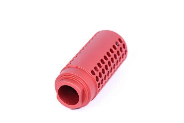 Red anodized AR-15 muzzle device; reduces flash/recoil, enhances visibility and customization.