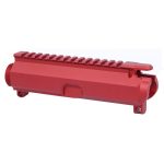 Bright red anodized AR-15 upper receiver with Picatinny rail for custom or competition builds.