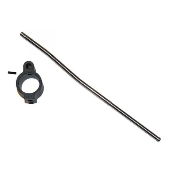 AR-15 low-profile gas block with polished pistol-length gas tube on white background.