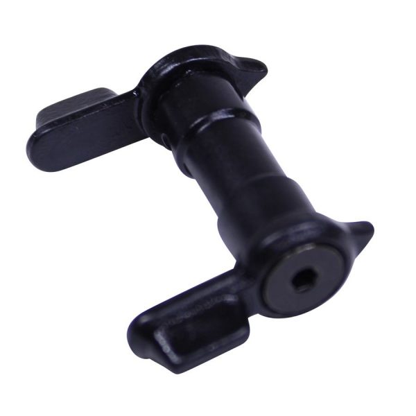 Black ambidextrous safety selector for AR-15, ergonomic design for enhanced control and usability.