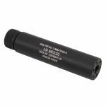 Matte black AR-15 sound suppressor with precision-engineered noise-reduction ports and manufacturer engravings.