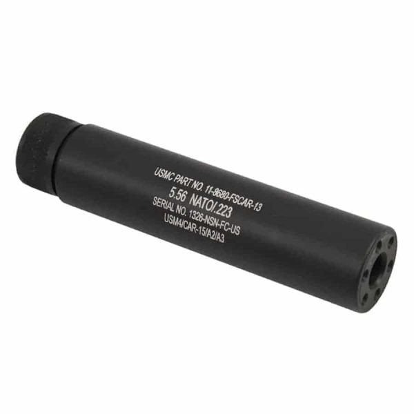Matte black AR-15 sound suppressor with precision-engineered noise-reduction ports and manufacturer engravings.
