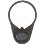 Black AR-15 sling attachment loop with circular ring and oval component, durable polymer construction.