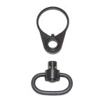 Black metal AR-15 sling attachment plate and quick-detach swivel for rifle comfort and functionality.