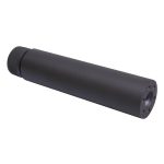 Compact black firearm suppressor, anodized aluminum, reduces noise and flash, tactical use.