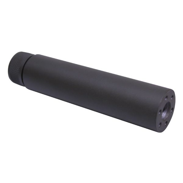 Compact black firearm suppressor, anodized aluminum, reduces noise and flash, tactical use.