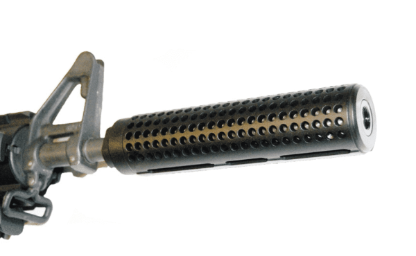 AR-15 Socom style fake suppressor, black anodized, precision-machined design.