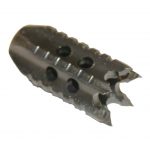 Black AR-15 Spartan 9mm muzzle brake compensator with circular ports and angular cuts.