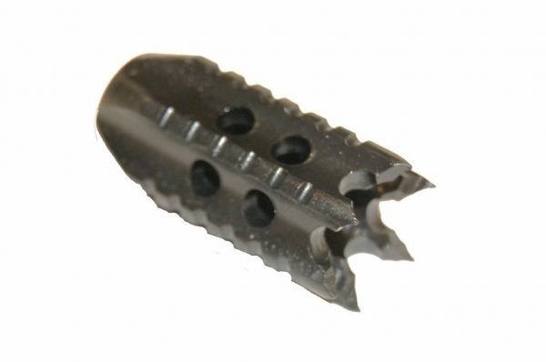 Compact Spartan 9mm AR-15 muzzle brake reduces recoil, enhances control with tactical design.