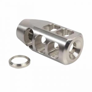 Stainless steel AR-15 compensator with gas vents to reduce recoil and muzzle climb.