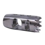 Stainless steel AR-15 muzzle device with serrations and side ports for recoil reduction.
