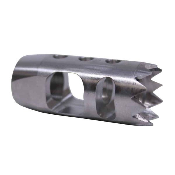Stainless steel AR-15 muzzle device with serrations and side ports for recoil reduction.