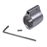 Low-profile AR-15 gas block with tools for installation; stainless finish, enhances rifle performance.