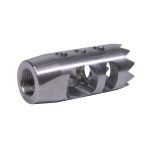 Stainless steel AR-15 muzzle brake with recoil-reducing ports for 9mm firearm.