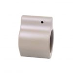 Precision-machined AR-15 gas block with silver finish and horizontal marks, hollow center.