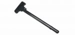 AR-15 charging handle: black T-shaped metal with textured grip, ergonomic design on white background.