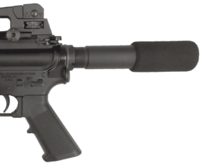 AR-15 style firearm with suppressor, textured pistol grip, and tactical design against white background.