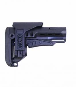Matte black AR-15 tactical buttstock with adjustable length and ergonomic design, embossed MCS.