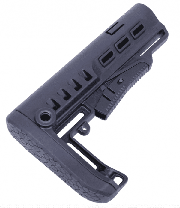 Black adjustable AR-15 tactical stock with matte finish, ergonomic design, and QD sling mount.