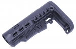 Black adjustable AR-15 rifle stock with grip texturing, ventilation cuts, and modular mounting.