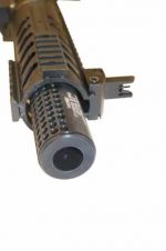 Tan AR-15 barrel with black fake suppressor, featuring tactical rail system on white background.